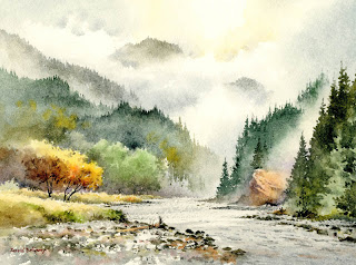 Water color painting: River scene with lots of green and